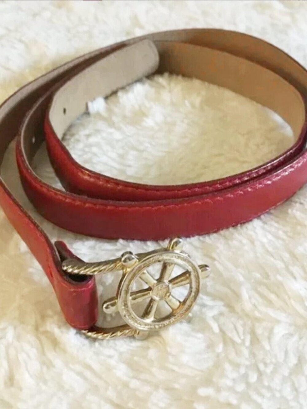 Vintage Red Genuine Leather Nautical Belt Gold Ship Wheel Buckle